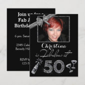 ファブ・アット・50 シャンパン＆ダイヤモンドを追加 フォト バースデー 招待状 (正面/裏面)