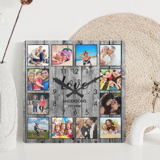 ファミカスタムリーフォトファ素朴ームハウスラブスクリプト スクエア壁時計