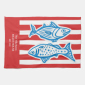 ファミパーソナライズされたリ航海の・レッド・サーディンストライプグ キッチンタオル (横)