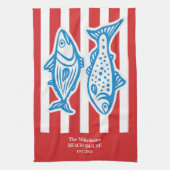 ファミパーソナライズされたリ航海の・レッド・サーディンストライプグ キッチンタオル (縦)