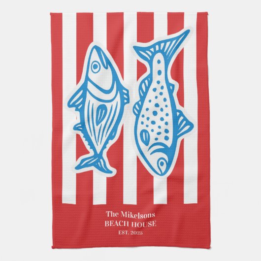 ファミパーソナライズされたリ航海の・レッド・サーディンストライプグ キッチンタオル (縦)