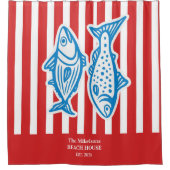 ファミパーソナライズされたリ航海の・レッド・サーディンストライプグ シャワーカーテン (正面)