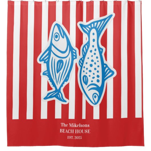 ファミパーソナライズされたリ航海の・レッド・サーディンストライプグ シャワーカーテン (正面)