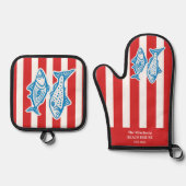 ファミパーソナライズされたリ航海の・レッド・サーディンストライプグ 鍋つかみ&鍋敷きセット (正面)