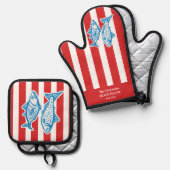 ファミパーソナライズされたリ航海の・レッド・サーディンストライプグ 鍋つかみ&鍋敷きセット (正面/裏面)