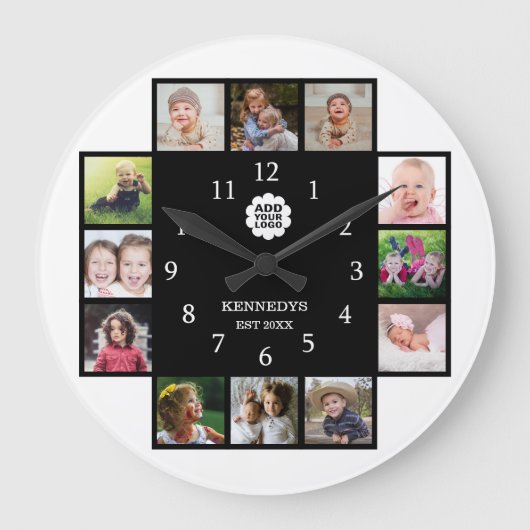 ファミパーソナライズされたリ12フォトコラージュロゴ(黒)   ラージ壁時計 (正面)