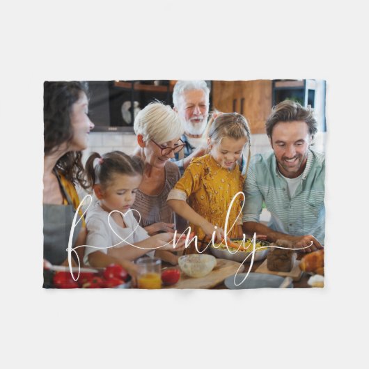 ファミユニークモダンリ写真ハートスクリプトタイポグラフィ フリースブランケット (正面(横))