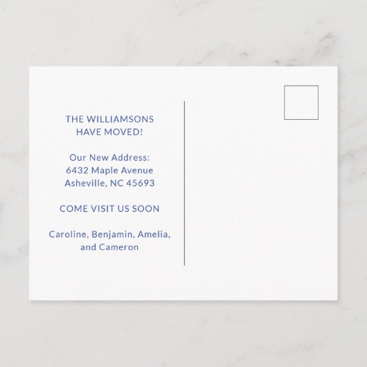 ファミリおもしろい引用文私たちは新しいアドレス青を移動 ポストカード (裏面)