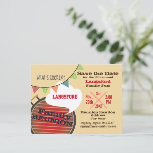 ファミリおもしろい懇親会デザイン発表葉書 案内ポストカード (スタンド正面)