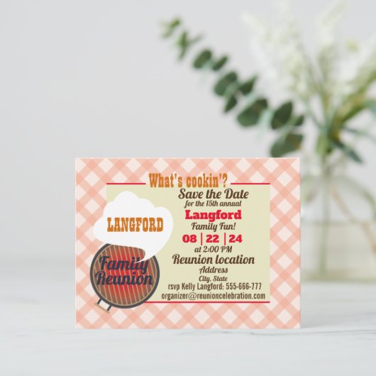 ファミリおもしろい懇親会デザイン発表葉書 案内ポストカード (スタンド正面)