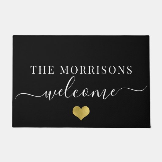 ファミリエレガント名スクリプトようこそ金ゴールドハート ドアマット (正面)