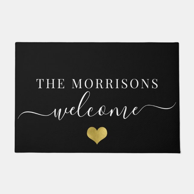 ファミリエレガント名スクリプトようこそ金ゴールドハート ドアマット (正面)