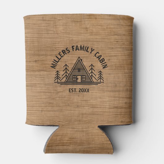 ファミリキャビン名素朴茶色の木のテクスチャ 缶クーラー (裏面)