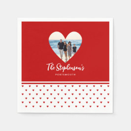 ファミリパーソナライズされたフォト赤いハートフレーモダンムA スタンダードカクテルナプキン