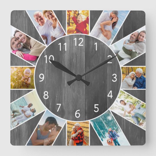 ファミリパーソナライズされたーフォトコラージュグレーウッド スクエア壁時計 (正面)
