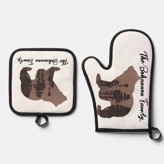 ファミリパーソナライズされた名ベアシルエット 鍋つかみ&鍋敷きセット (正面)