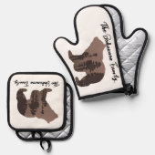 ファミリパーソナライズされた名ベアシルエット 鍋つかみ&鍋敷きセット (正面/裏面)