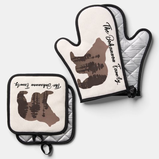 ファミリパーソナライズされた名ベアシルエット 鍋つかみ&鍋敷きセット (正面/裏面)