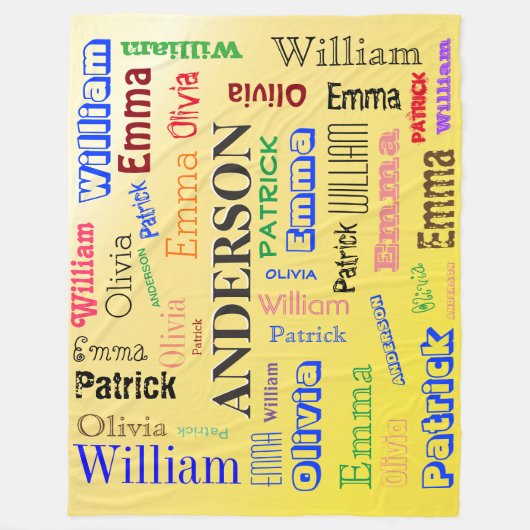 ファミリパーソナライズされた🏡💖名前ワードクラウドイエロー フリースブランケット (正面)