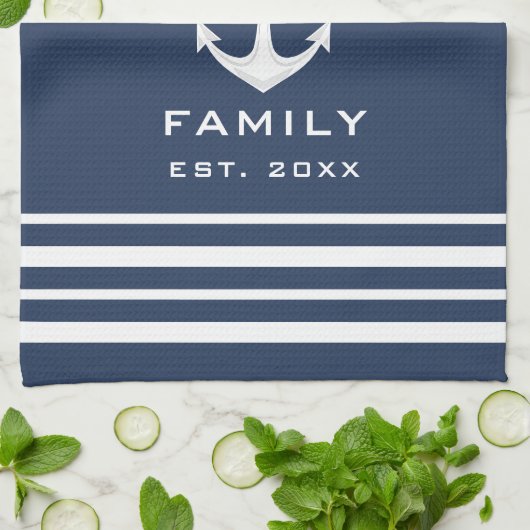 ファミリパーソナライズされた名航海の(青と白) キッチンタオル (折り畳み)