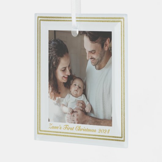 ファミリモダンポートレートベビーの初めてのクリスマス ガラスオーナメント (正面左)
