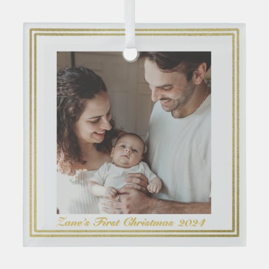 ファミリモダンポートレートベビーの初めてのクリスマス ガラスオーナメント (正面)