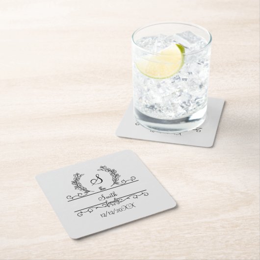 ファミリモノグラムのパーソナライズされた名スクリプ葉トの スクエアペーパーコースター (インサイチュ)