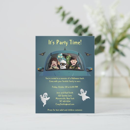ファミリーおもしろいバケーションハロウィーン悪夢 インビテーションポストカード (スタンド正面)