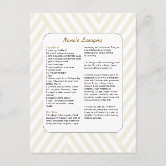 ファミリーお気に入りのレシピシェブロン – ラザニア ポストカード (正面)