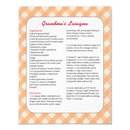 ファミリーお気に入りのレシピレトロ – ラザニア フォトプリント            (正面)