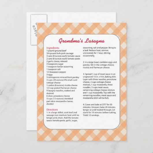 ファミリーお気に入りのレシピレトロ – ラザニア ポストカード (正面/裏面)