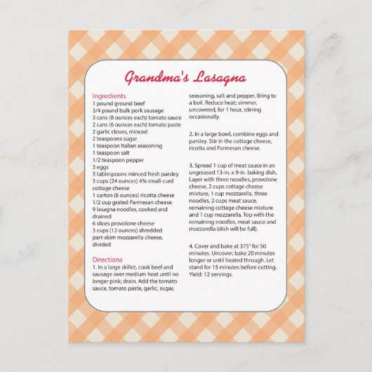 ファミリーお気に入りのレシピレトロ – ラザニア ポストカード (正面)