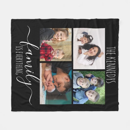 ファミリーはすべて引用文4フォトコラージュブラック フリースブランケット (正面(横))