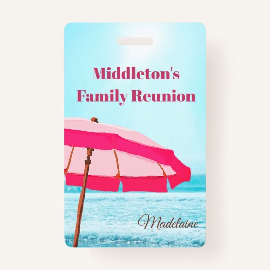 ファミリーまたはグループ懇親会ビーチ海ピンクアンブレラ バッジ (正面)