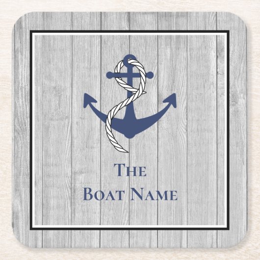 ファミリーまたはボート名 ネイビー アンカー ロープ 航海 スクエアペーパーコースター (正面)