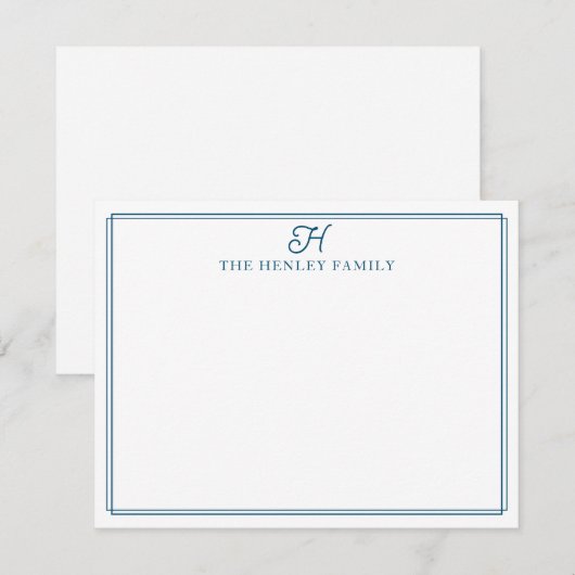 ファミリーイニシャルブルーボーダーモノグラムステーショナリー ノートカード (正面/裏面)
