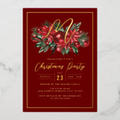 ファミリーイニシャル金ゴールド赤い葉クリスマスパーティー 箔招待状 (正面)