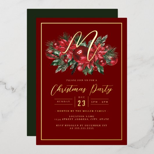 ファミリーイニシャル金ゴールド赤い葉クリスマスパーティー 箔招待状 (正面/裏面)