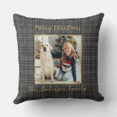 ファミリーウィンターグレー金ゴールドプレイドカスタムフォトモダンー クッション (裏面)