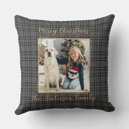 ファミリーウィンターグレー金ゴールドプレイドカスタムフォトモダンー クッション (裏面)