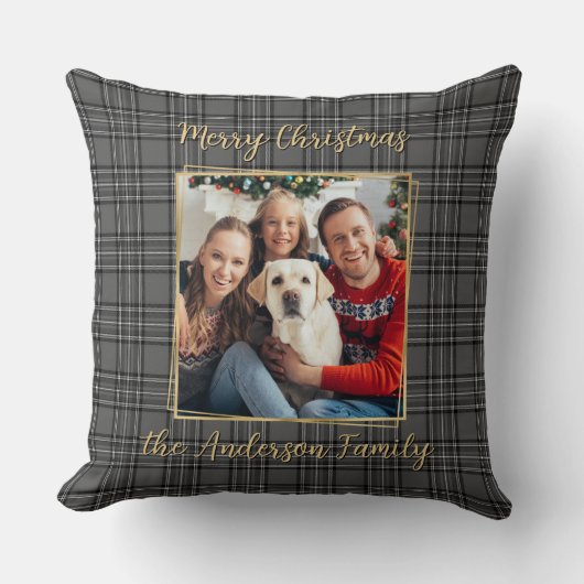 ファミリーウィンターグレー金ゴールドプレイドカスタムフォトモダンー クッション (正面)