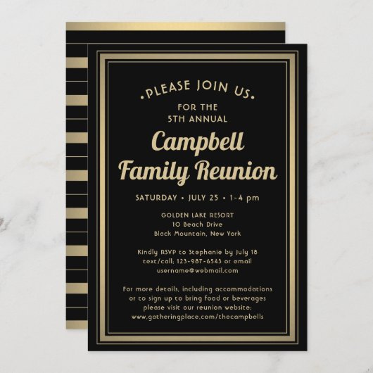 ファミリーエレガント懇親会ブラックと金ゴールド縁ど 招待状 (正面/裏面)