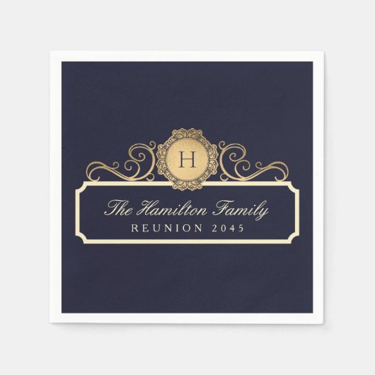 ファミリーエレガント懇親会金ゴールドモノグラムネイビー スタンダードカクテルナプキン (正面)