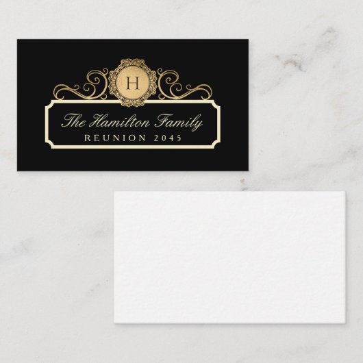 ファミリーエレガント懇親会金ゴールドモノグラムブラック ノートカード (正面/裏面)