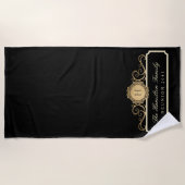 ファミリーエレガント懇親会金ゴールドモノグラムブラック ビーチタオル (正面)