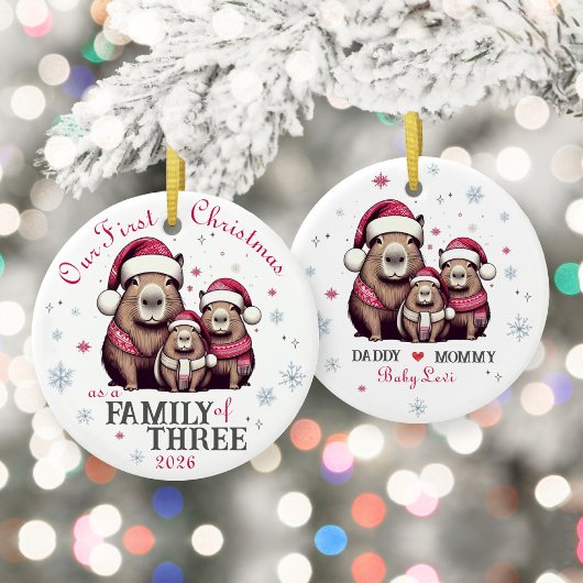 ファミリーオブスリーキャピバラスノーフレーク初めてのクリスマス セラミックオーナメント