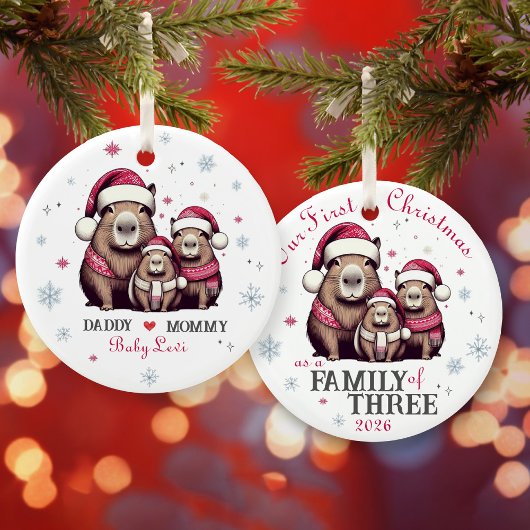 ファミリーオブスリーキャピバラスノーフレーク初めてのクリスマス セラミックオーナメント