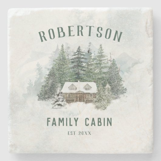 ファミリーキャビンウォーターカラーウィンターパインフォレスト ストーンコースター (正面)