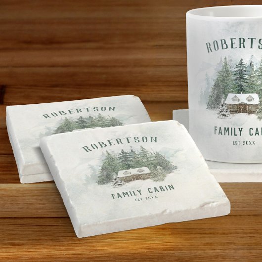 ファミリーキャビンウォーターカラーウィンターパインフォレスト ストーンコースター