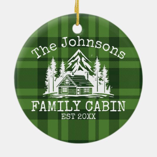 ファミリーキャビングリーンプレイドをテーマにした名パーソナライズされた前 セラミックオーナメント (裏面)